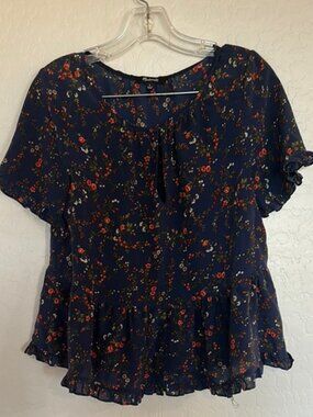 Madewell‎ small women’s tee silk blouse floral multi blue ruffle  whimsical